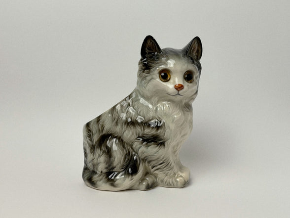 Vintage Ceramic Kitten Figurine with Glass Eyes, Gray and White