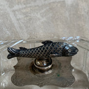 Victorian Pressed Glass Covered Box | Silver Plate Fish Finial Lid | Engraved Cartouche Mount | Octagonal Ribbed Body | circa 1880–1910 | Antique Tableware | Collector Glass