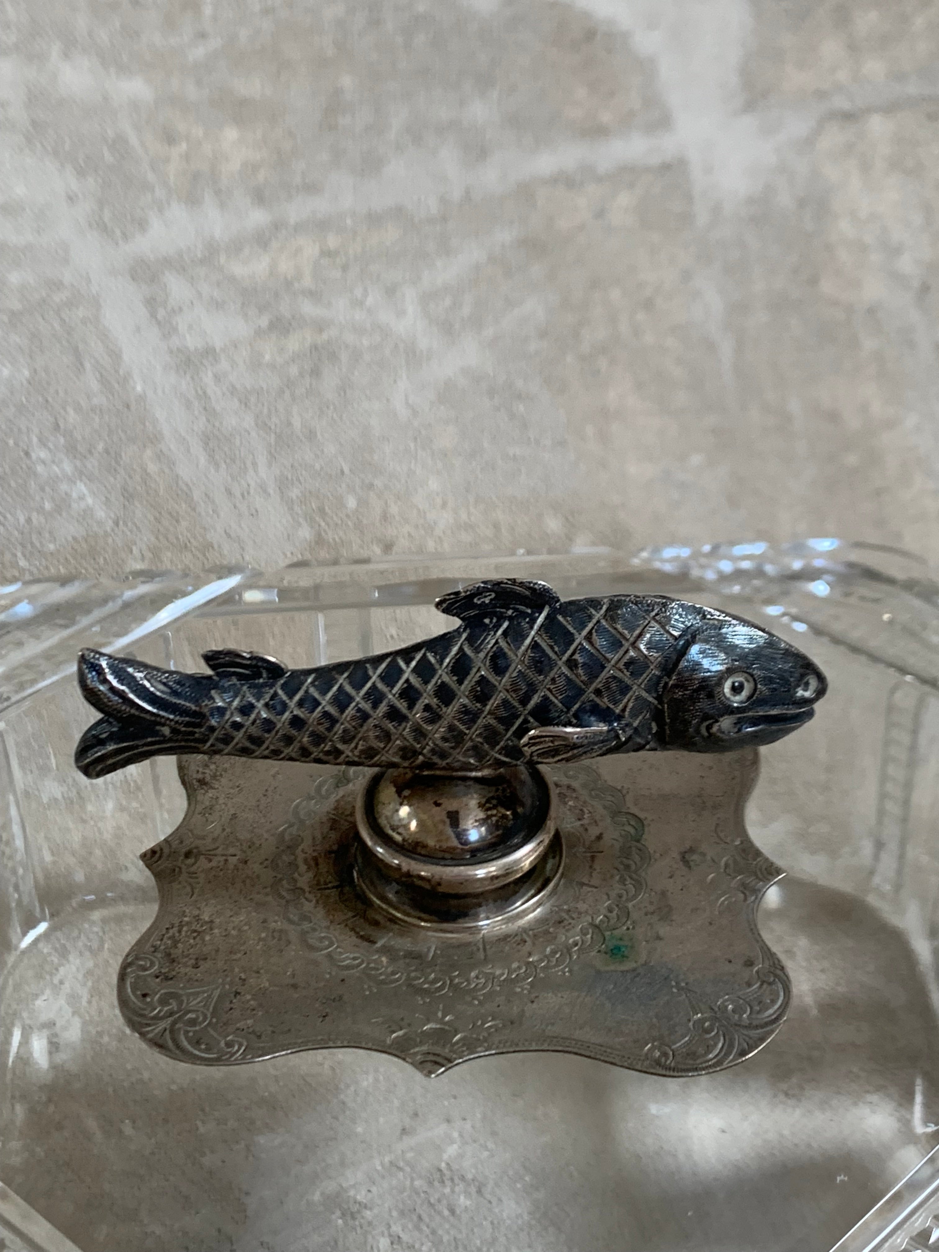 Victorian Pressed Glass Covered Box | Silver Plate Fish Finial Lid | Engraved Cartouche Mount | Octagonal Ribbed Body | circa 1880–1910 | Antique Tableware | Collector Glass