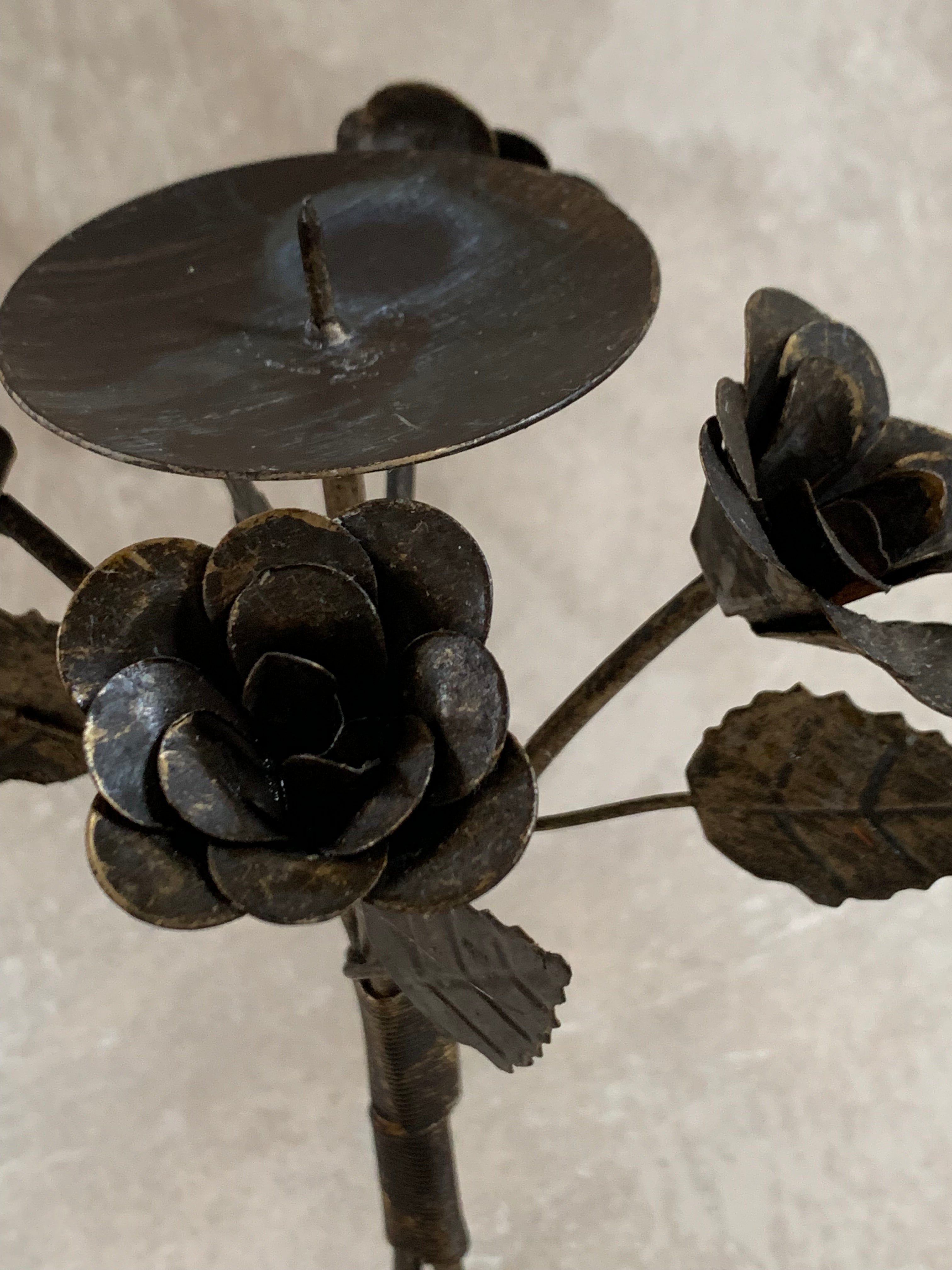 Hand-Fabricated Iron Rose Candleholder | Pillar Candle Spike | Tripod Bouquet Base | Wire-Wrapped Stem | Dark Patina | Folk Metalwork | Romantic Gothic Decor
