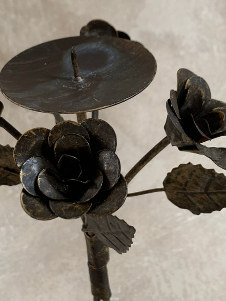 Hand-Fabricated Iron Rose Candleholder | Pillar Candle Spike | Tripod Bouquet Base | Wire-Wrapped Stem | Dark Patina | Folk Metalwork | Romantic Gothic Decor