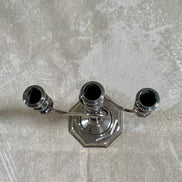 Full height view of silver plate three-light candelabra — S-curve arms, Gilded Estate