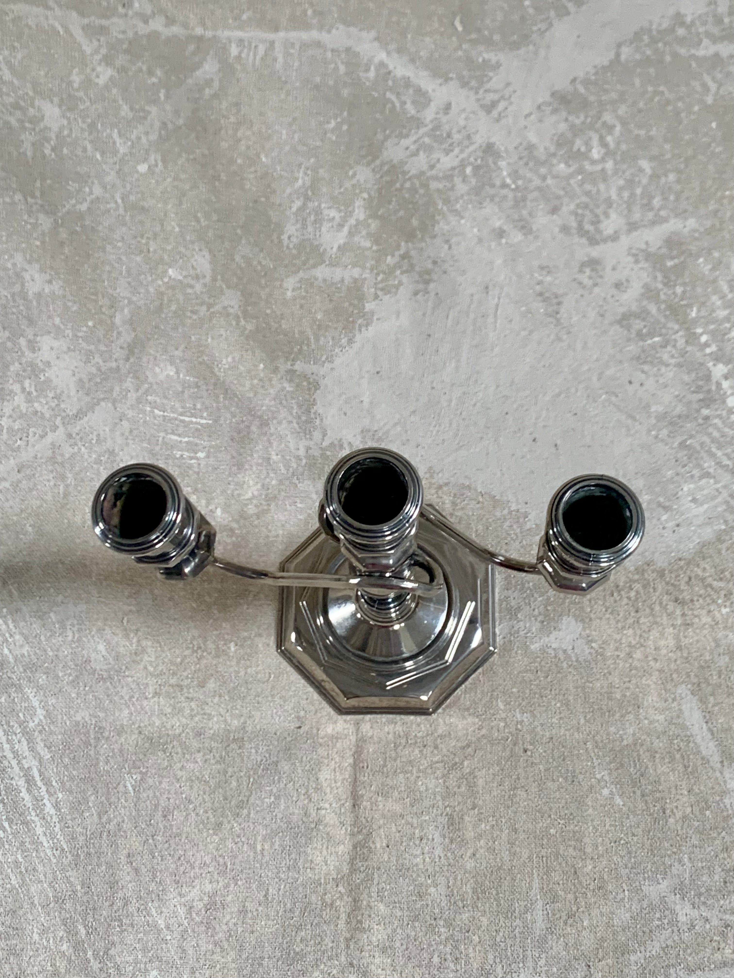 Full height view of silver plate three-light candelabra — S-curve arms, Gilded Estate