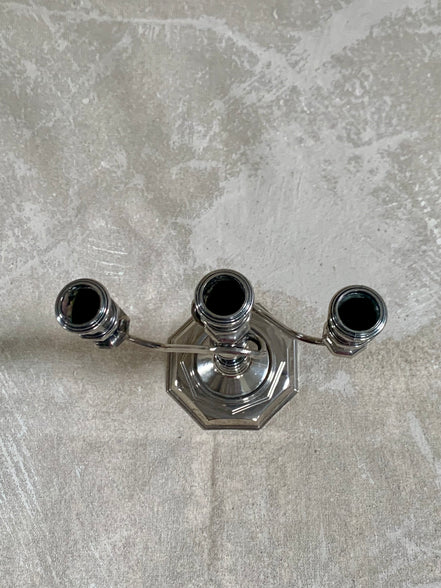 Full height view of silver plate three-light candelabra — S-curve arms, Gilded Estate