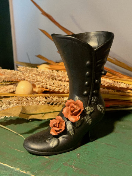 Tall Black Ceramic Eyelet Boot Vase with Red Roses
