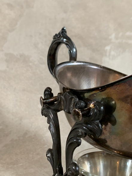 F.B. Rogers Silver Co. Gravy Boat on Rococo Warming Stand, Complete