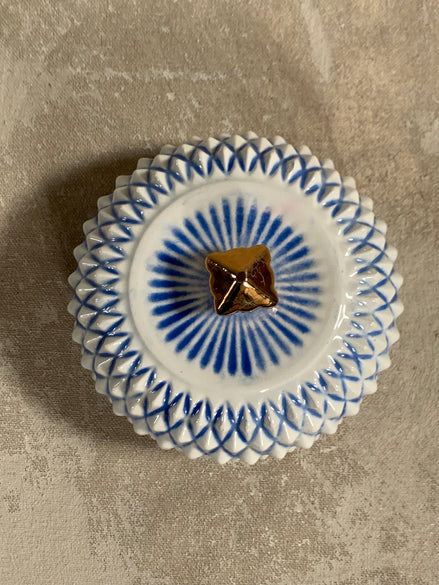 Vintage Porcelain Round Trinket Box | Diamond Lattice Quilted Relief | Cobalt Blue | Hand-Painted Christmas Rose Interior | Gold Luster Finial | circa 1950s–1970s | Vanity Decor