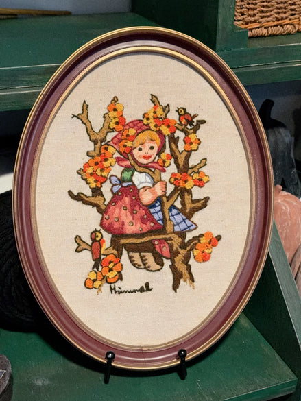 Vintage Embroidery, Hummel-Style Girl in Autumn Branches, Oval Frame