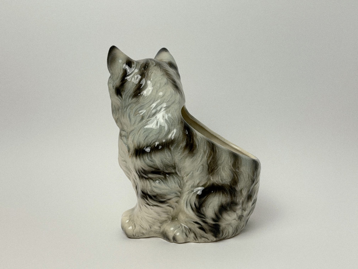 Vintage Ceramic Kitten Figurine with Glass Eyes, Gray and White
