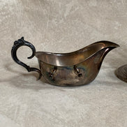 F.B. Rogers Silver Co. Gravy Boat on Rococo Warming Stand, Complete