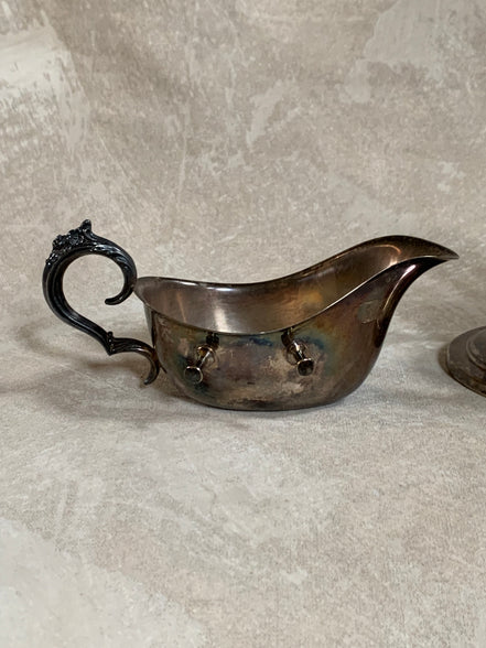 F.B. Rogers Silver Co. Gravy Boat on Rococo Warming Stand, Complete