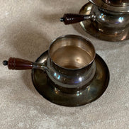 Set of Four French Silver-Plated Bouillon Cups with Wooden Handles and Saucers