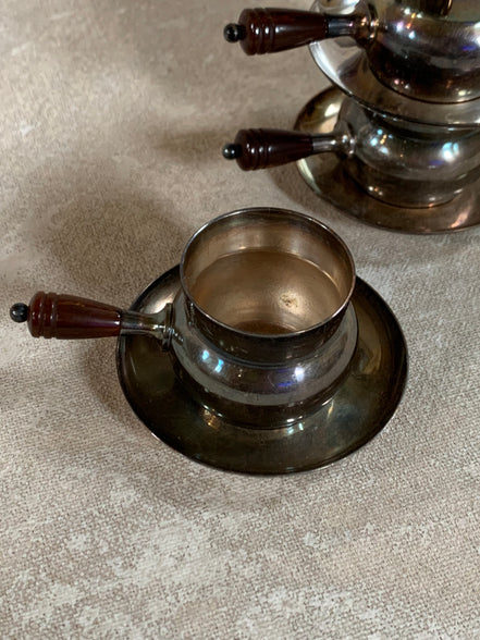 Set of Four French Silver-Plated Bouillon Cups with Wooden Handles and Saucers