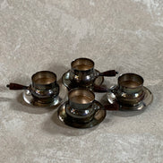 Set of Four French Silver-Plated Bouillon Cups with Wooden Handles and Saucers