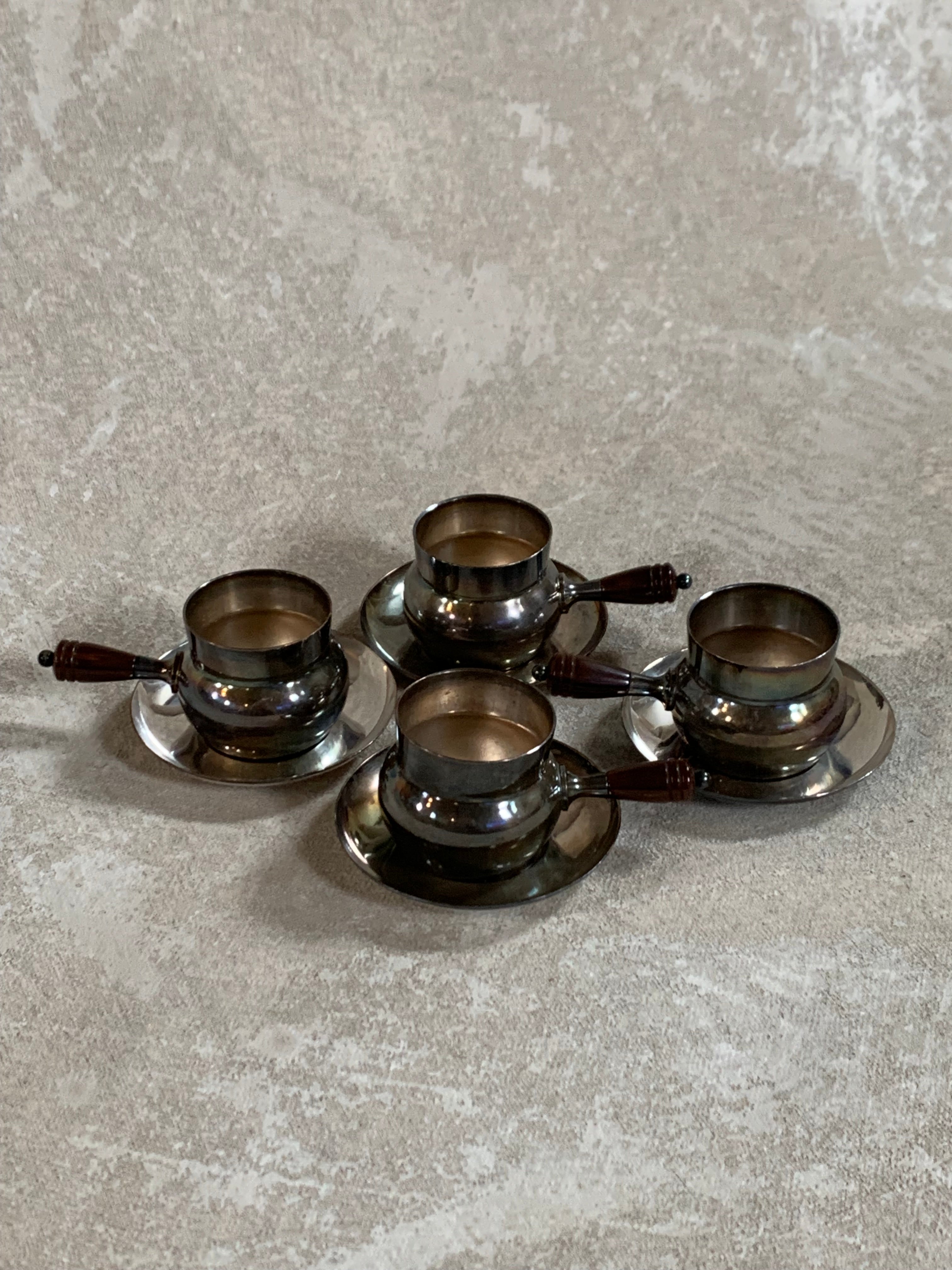 Set of Four French Silver-Plated Bouillon Cups with Wooden Handles and Saucers
