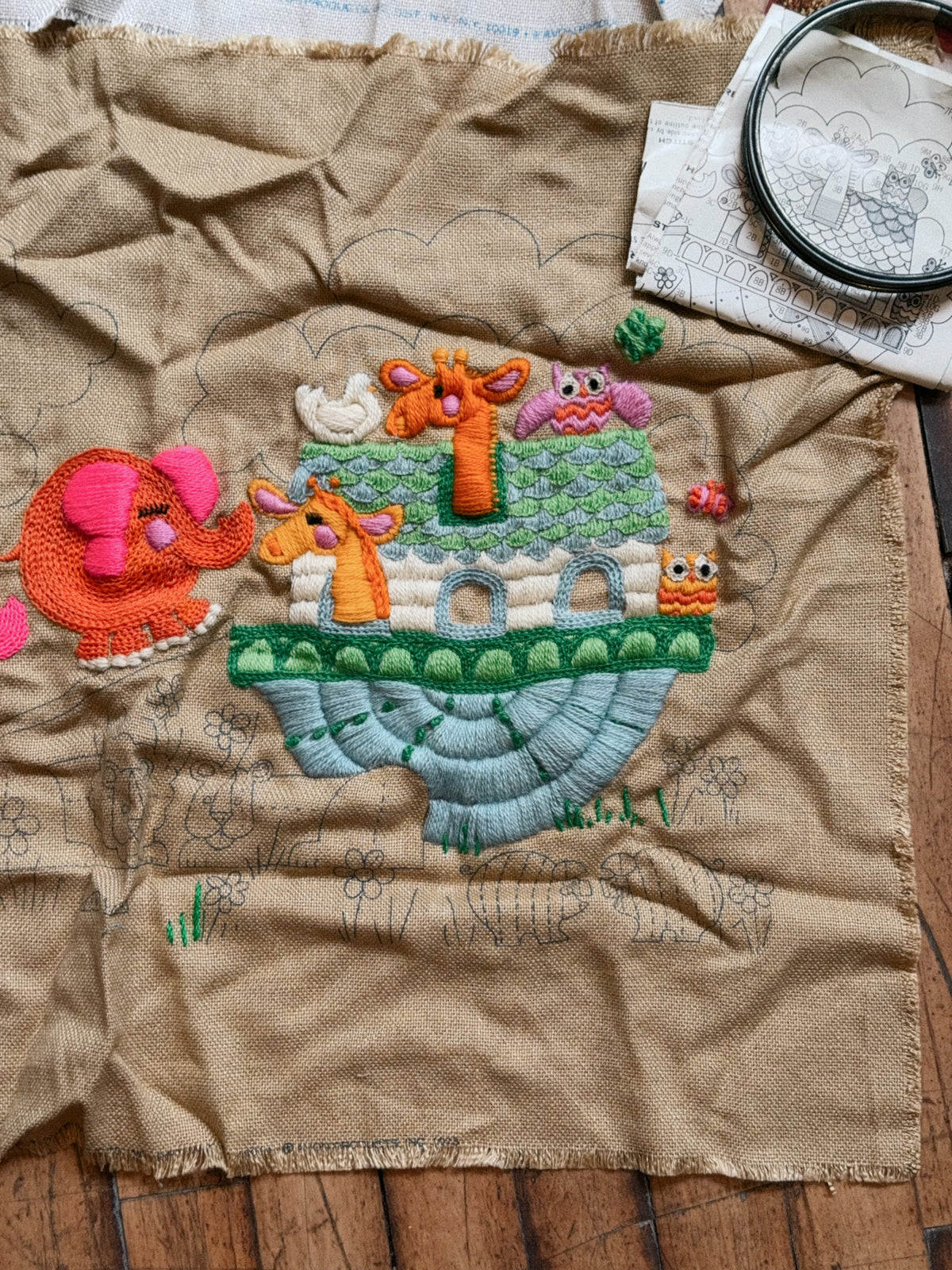 Vintage Avon Creative Needlecraft Crewel Embroidery Kits, Noah's Ark & Piglets and Posies, Started, Set of 2 with Hoops & Yarn