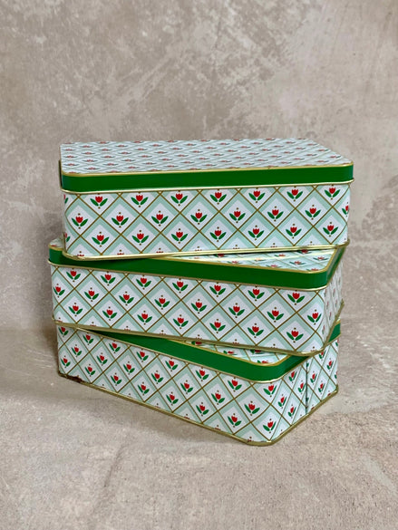 Nesting tin set of three in mint green with red tulip diamond pattern, nested together — Potlicker Pantry, Jolene Le Mille Archive