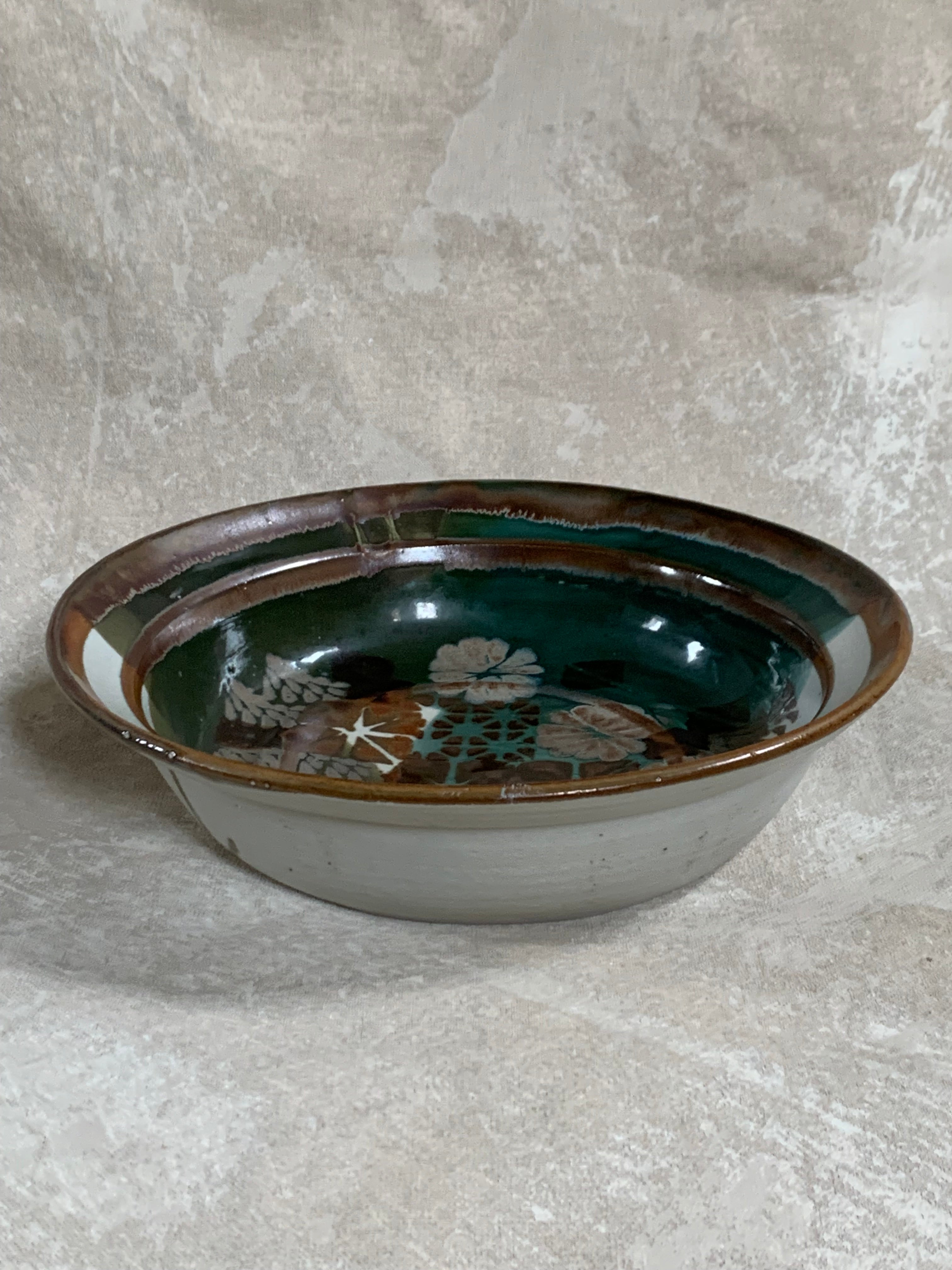 Apple Lane Pottery Bill Nagengast Serving Bowl | Wax Resist Botanical | Forest Green & Walnut | Original Bloomfield Hills Studio | July 1976 | Michigan Studio Porcelain