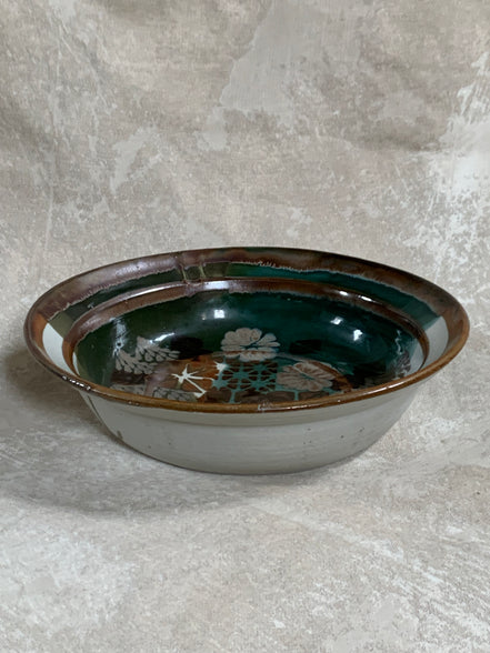 Apple Lane Pottery Bill Nagengast Serving Bowl | Wax Resist Botanical | Forest Green & Walnut | Original Bloomfield Hills Studio | July 1976 | Michigan Studio Porcelain