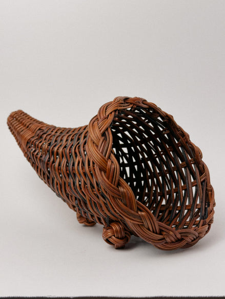 Vintage Wicker Cornucopia Basket, Braided Rim, Knot Feet