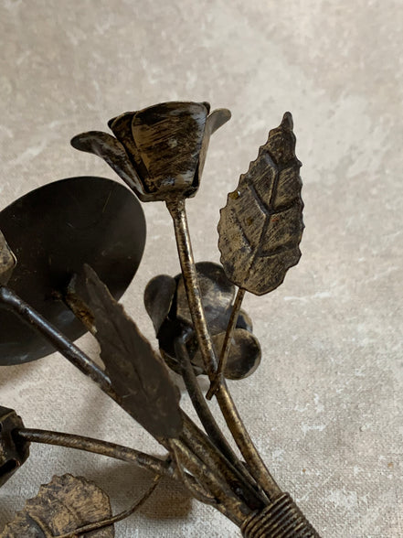 Hand-Fabricated Iron Rose Candleholder | Pillar Candle Spike | Tripod Bouquet Base | Wire-Wrapped Stem | Dark Patina | Folk Metalwork | Romantic Gothic Decor