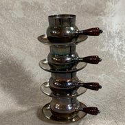 Set of Four French Silver-Plated Bouillon Cups with Wooden Handles and Saucers