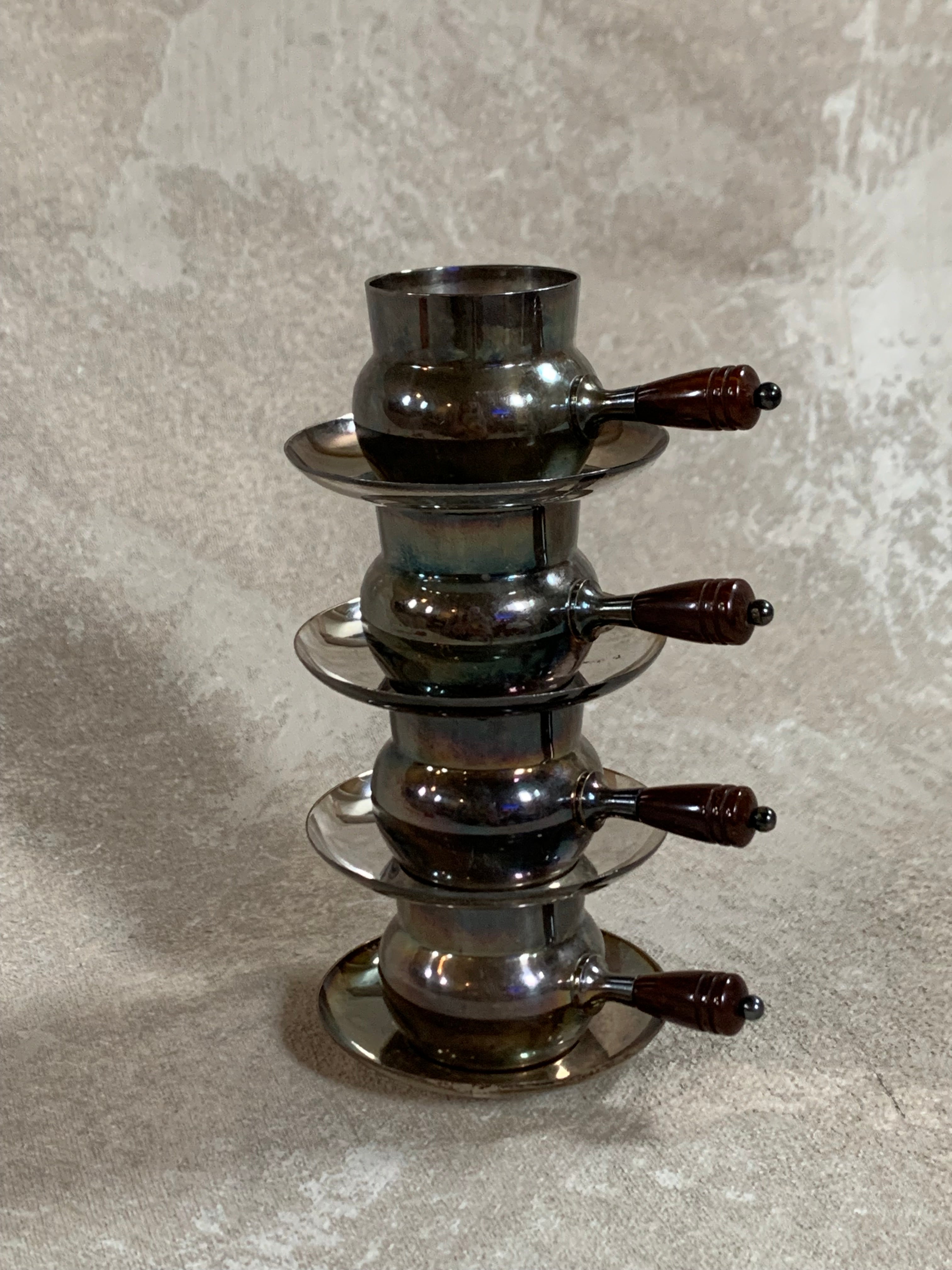 Set of Four French Silver-Plated Bouillon Cups with Wooden Handles and Saucers