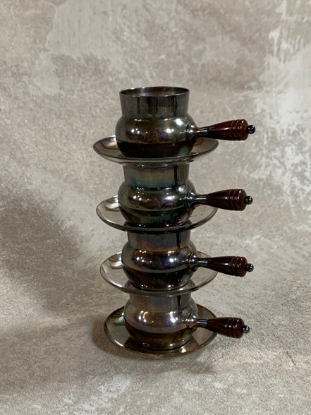 Set of Four French Silver-Plated Bouillon Cups with Wooden Handles and Saucers