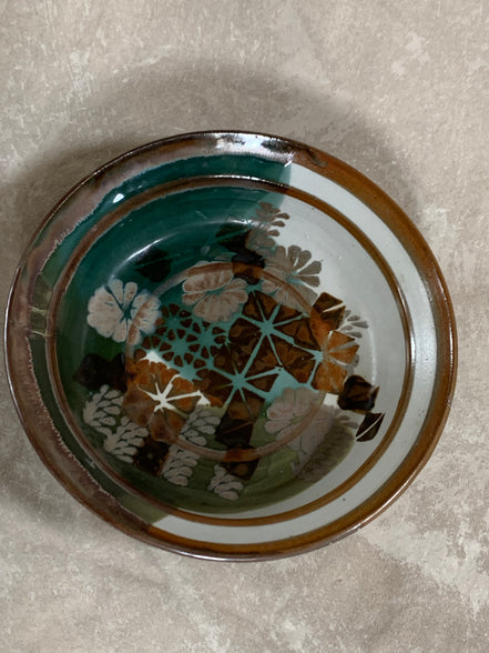 Apple Lane Pottery Bill Nagengast Serving Bowl | Wax Resist Botanical | Forest Green & Walnut | Original Bloomfield Hills Studio | July 1976 | Michigan Studio Porcelain