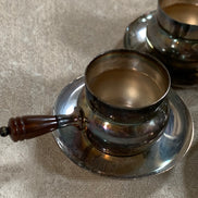Set of Four French Silver-Plated Bouillon Cups with Wooden Handles and Saucers