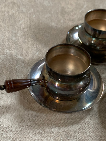 Set of Four French Silver-Plated Bouillon Cups with Wooden Handles and Saucers