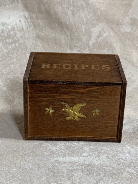 Vintage Japanese Export Wood Recipe Box | Patriotic Eagle & Stars | Gold Lettering | Made in Japan | 1950s–1960s | Mid-Century Kitchen