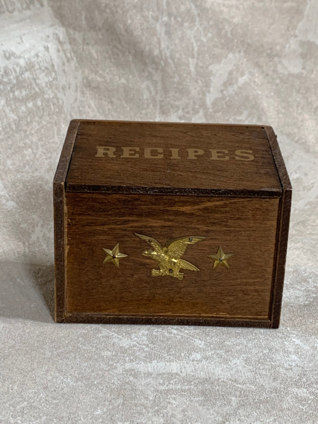 Vintage Japanese Export Wood Recipe Box | Patriotic Eagle & Stars | Gold Lettering | Made in Japan | 1950s–1960s | Mid-Century Kitchen
