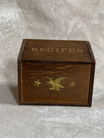 Vintage Japanese Export Wood Recipe Box | Patriotic Eagle & Stars | Gold Lettering | Made in Japan | 1950s–1960s | Mid-Century Kitchen
