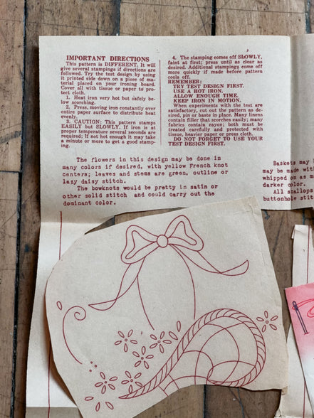 Vintage Aunt Martha's Hot Iron Transfer #3027 "Bows and Flower Baskets," Scalloped Scarf & Pillowcase Embroidery Pattern