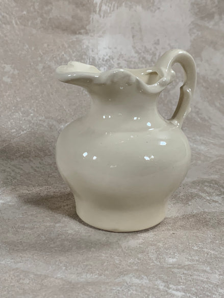 White Ruffled Rim Ceramic Pitcher | Peony Ruffle Rim | Globular Body | American Belleek Style | Creamer Vase | Farmhouse White Decor | Vintage Ivory Glaze