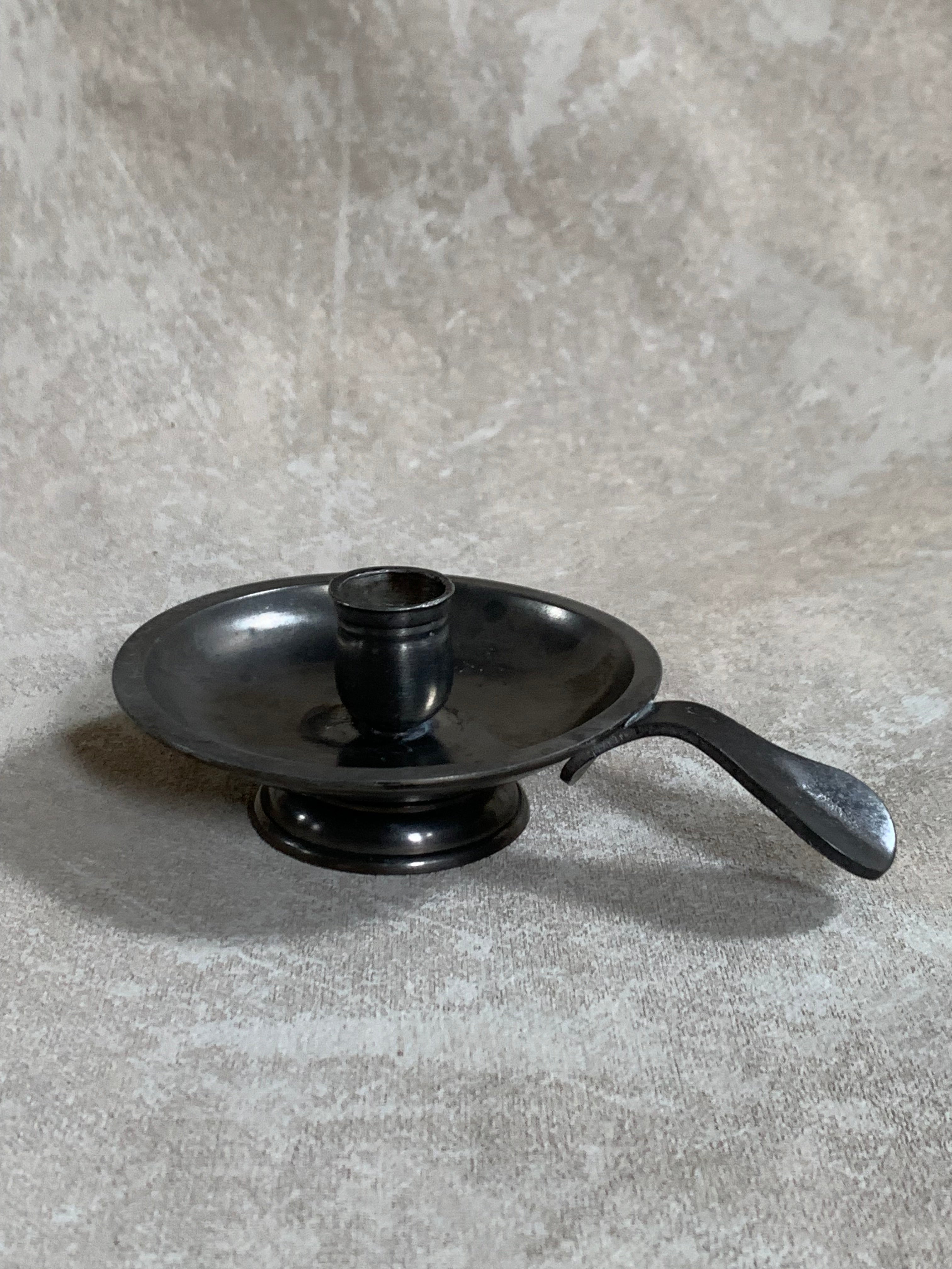 Antique Pewter Chamber Candlestick | Paddle Handle | Drip Tray | Struck Touch Mark | Taper Candle Holder | Colonial Style | American or English Pewter