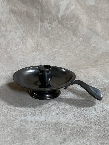 Antique Pewter Chamber Candlestick | Paddle Handle | Drip Tray | Struck Touch Mark | Taper Candle Holder | Colonial Style | American or English Pewter