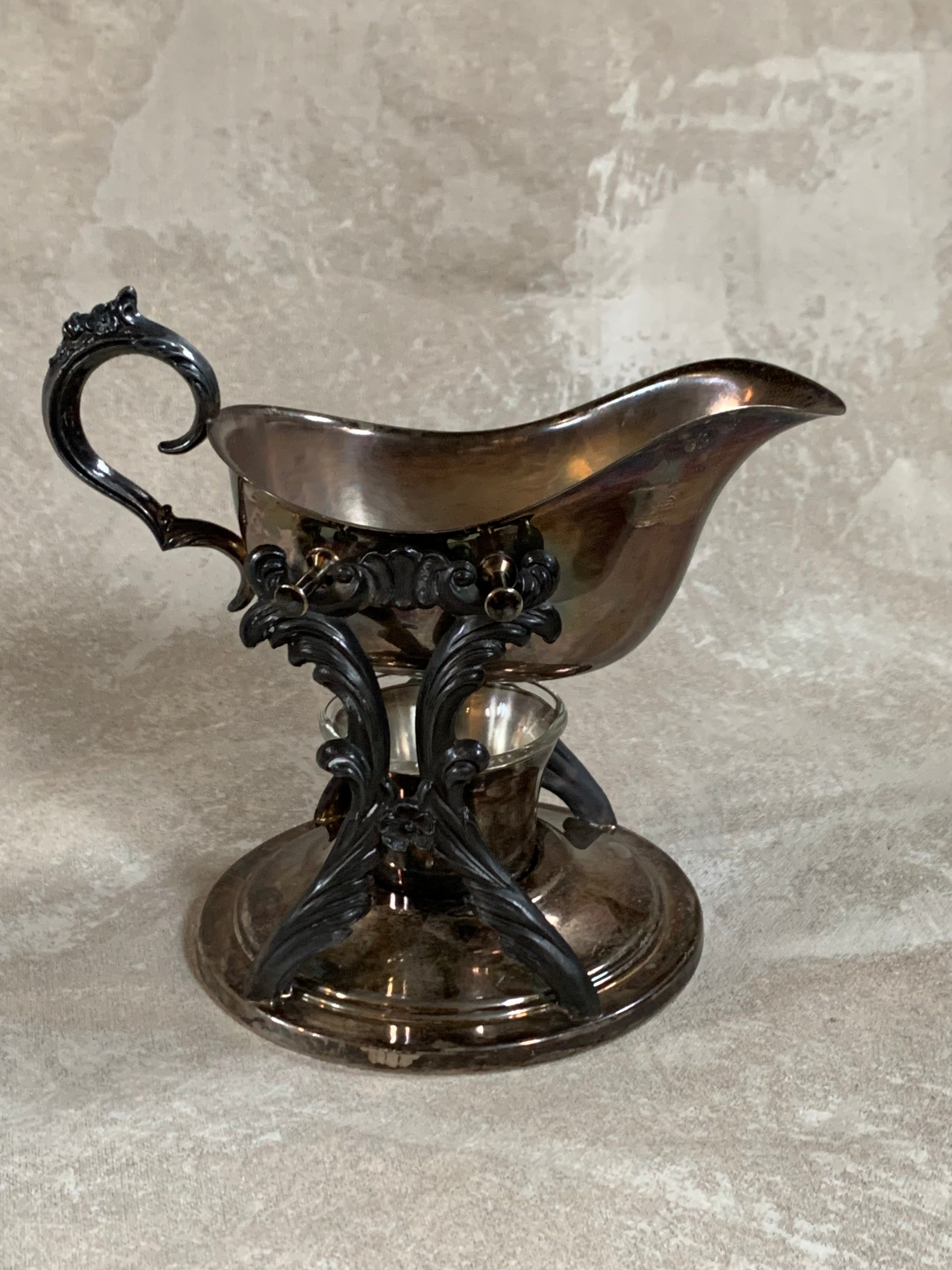 F.B. Rogers Silver Co. Gravy Boat on Rococo Warming Stand, Complete