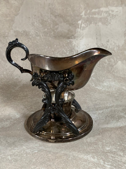 F.B. Rogers Silver Co. Gravy Boat on Rococo Warming Stand, Complete