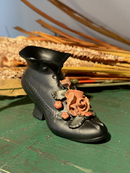 Black Ceramic Victorian Shoe Vase with Coral Rose