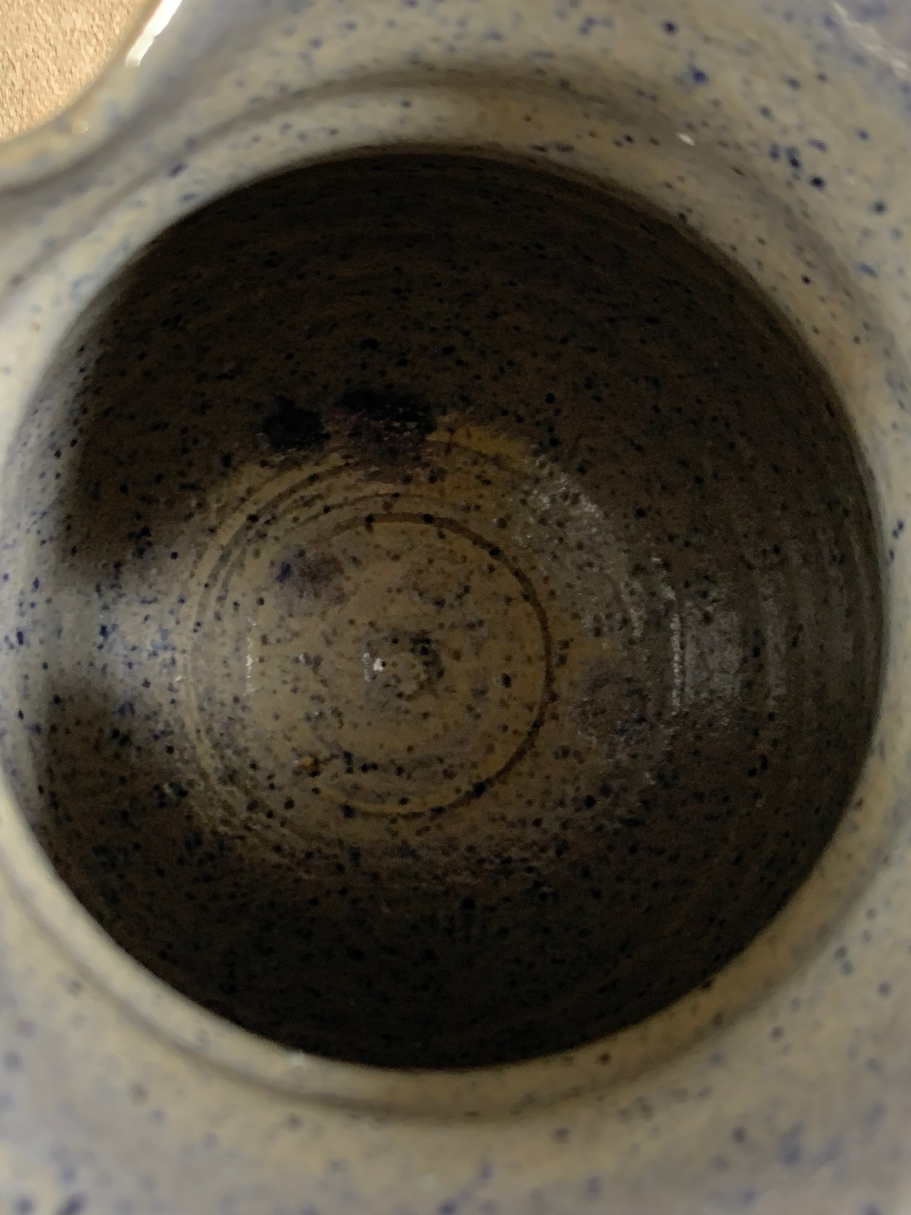 Hand-Thrown Stoneware Pitcher | Cobalt Blue Folk Botanical | Ruffled Rim | American Studio Pottery | Buff Clay | Signed | 1970s–1990s Craft Revival