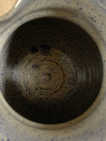 Hand-Thrown Stoneware Pitcher | Cobalt Blue Folk Botanical | Ruffled Rim | American Studio Pottery | Buff Clay | Signed | 1970s–1990s Craft Revival