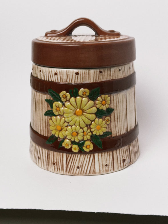 Vintage 1970s Faux Bois Barrel Cookie Jar with Yellow Daisies