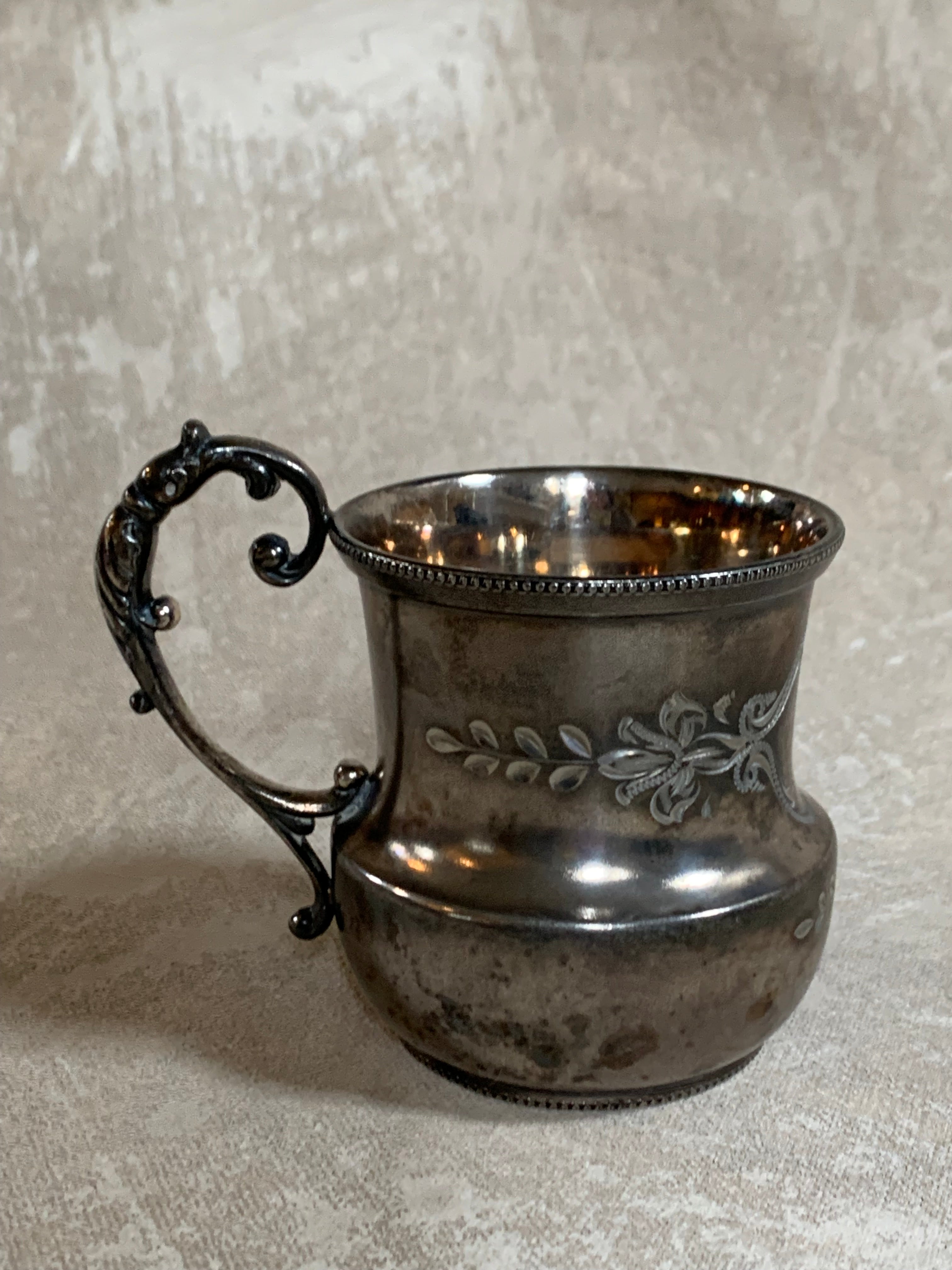 Monarch Silver Co. Triple Plate Victorian Christening Cup, Engraved Floral, Pattern 95