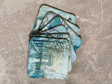Set of 6 Vintage Paris Coasters | Impressionist Cityscape Reproductions | Signed Georges B. | Notre-Dame Eiffel Tower Moulin Rouge | Mid-Century French Souvenir | Cork Back