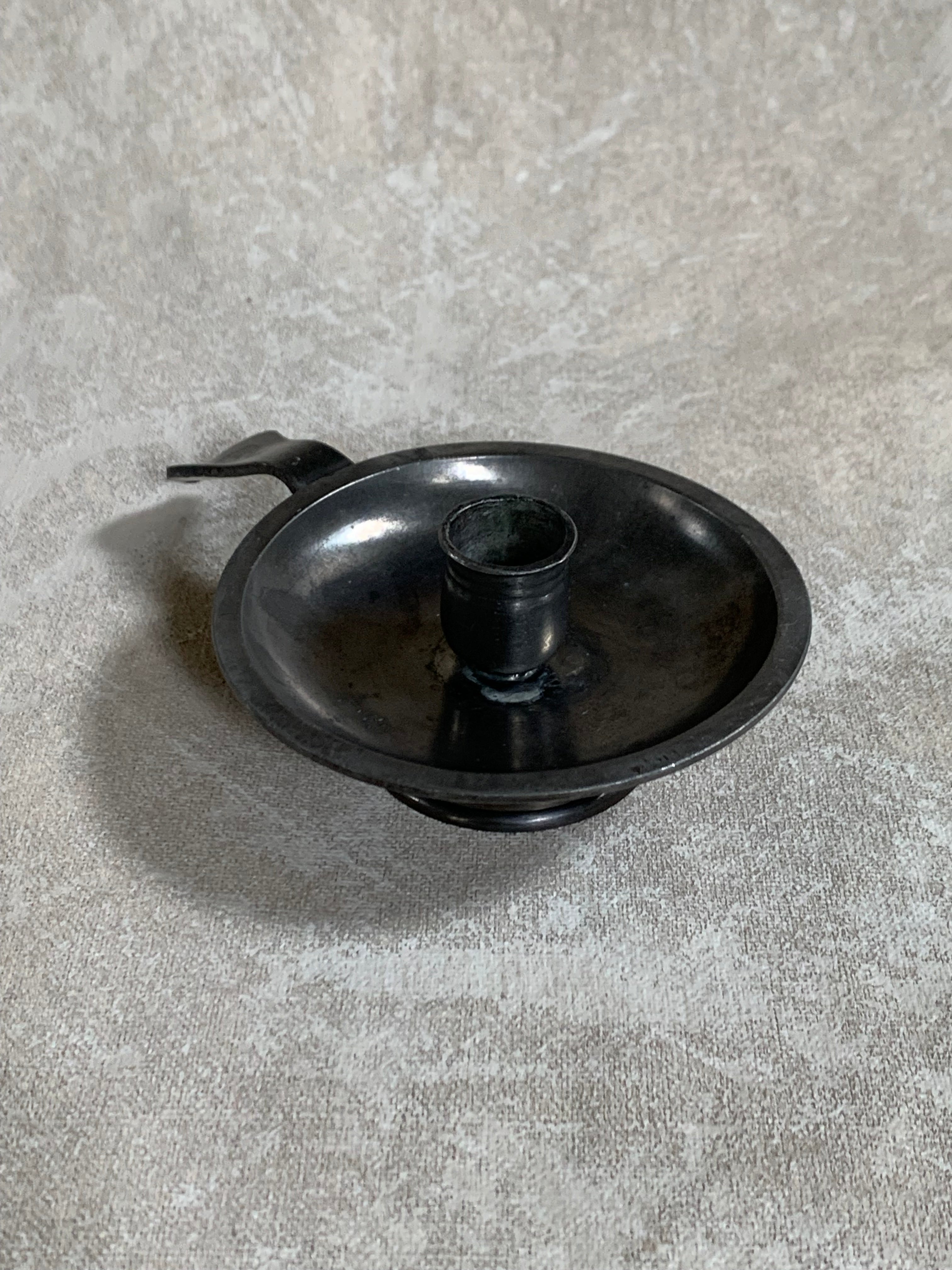 Antique Pewter Chamber Candlestick | Paddle Handle | Drip Tray | Struck Touch Mark | Taper Candle Holder | Colonial Style | American or English Pewter