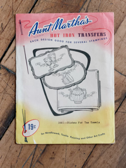 Vintage Aunt Martha's Hot Iron Transfer #3661 "Dishes for Tea Towels," Teapot, Teacup & Goblet Embroidery Pattern, Uncut