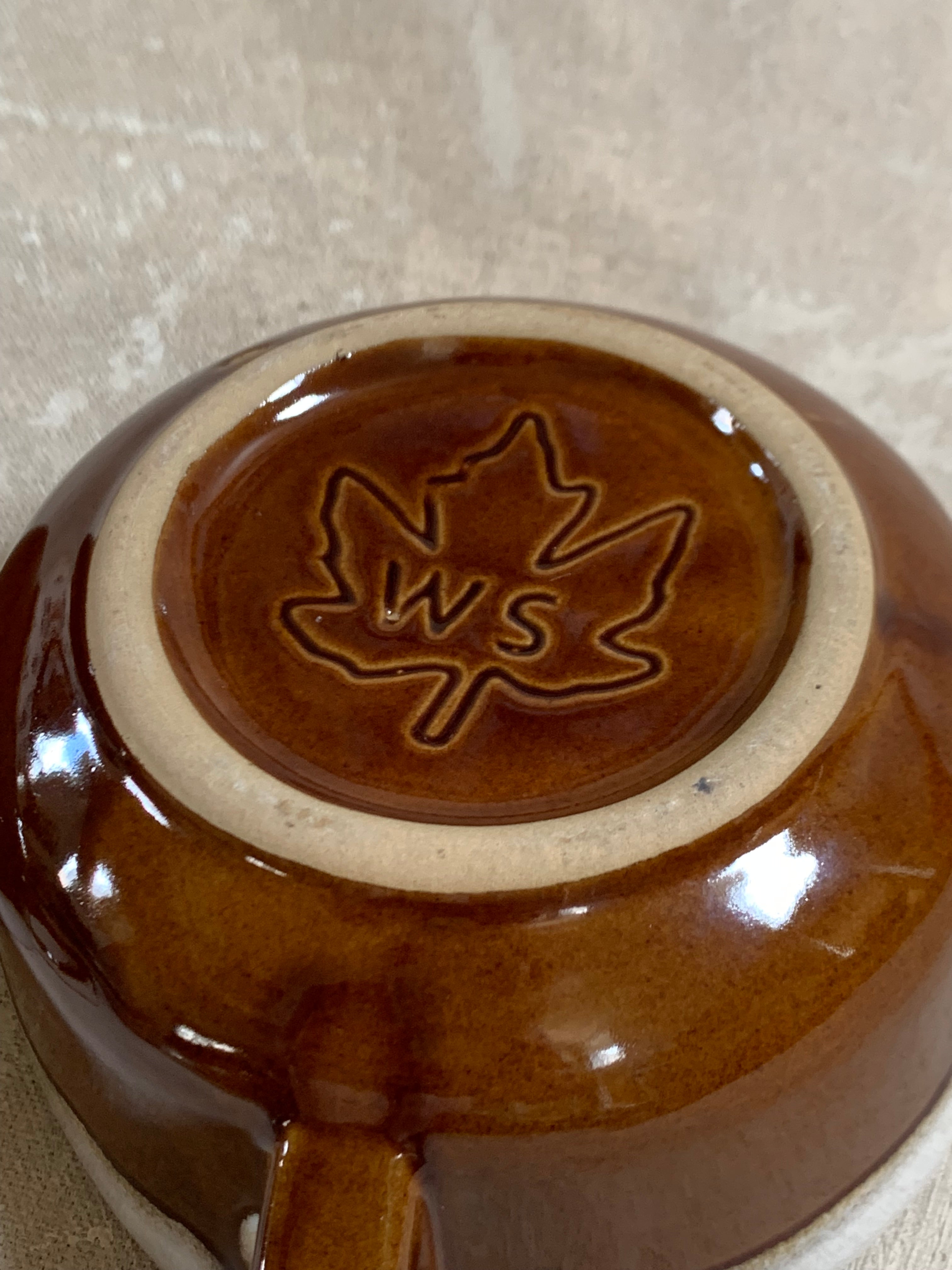 Western Stoneware Co. Mug Set of Two | WS Maple Leaf Mark | Brown Drip Glaze | Loop Handle | Monmouth Illinois | circa 1960s–1970s | Stoneware | Kitchen Decor
