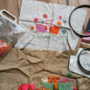 Vintage Avon Creative Needlecraft Crewel Embroidery Kits, Noah's Ark & Piglets and Posies, Started, Set of 2 with Hoops & Yarn